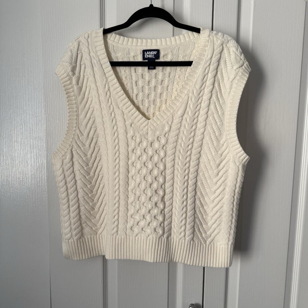 Lands End Cable Knit Sweater Vest L White Fisherman Coastal Preppy Old Money